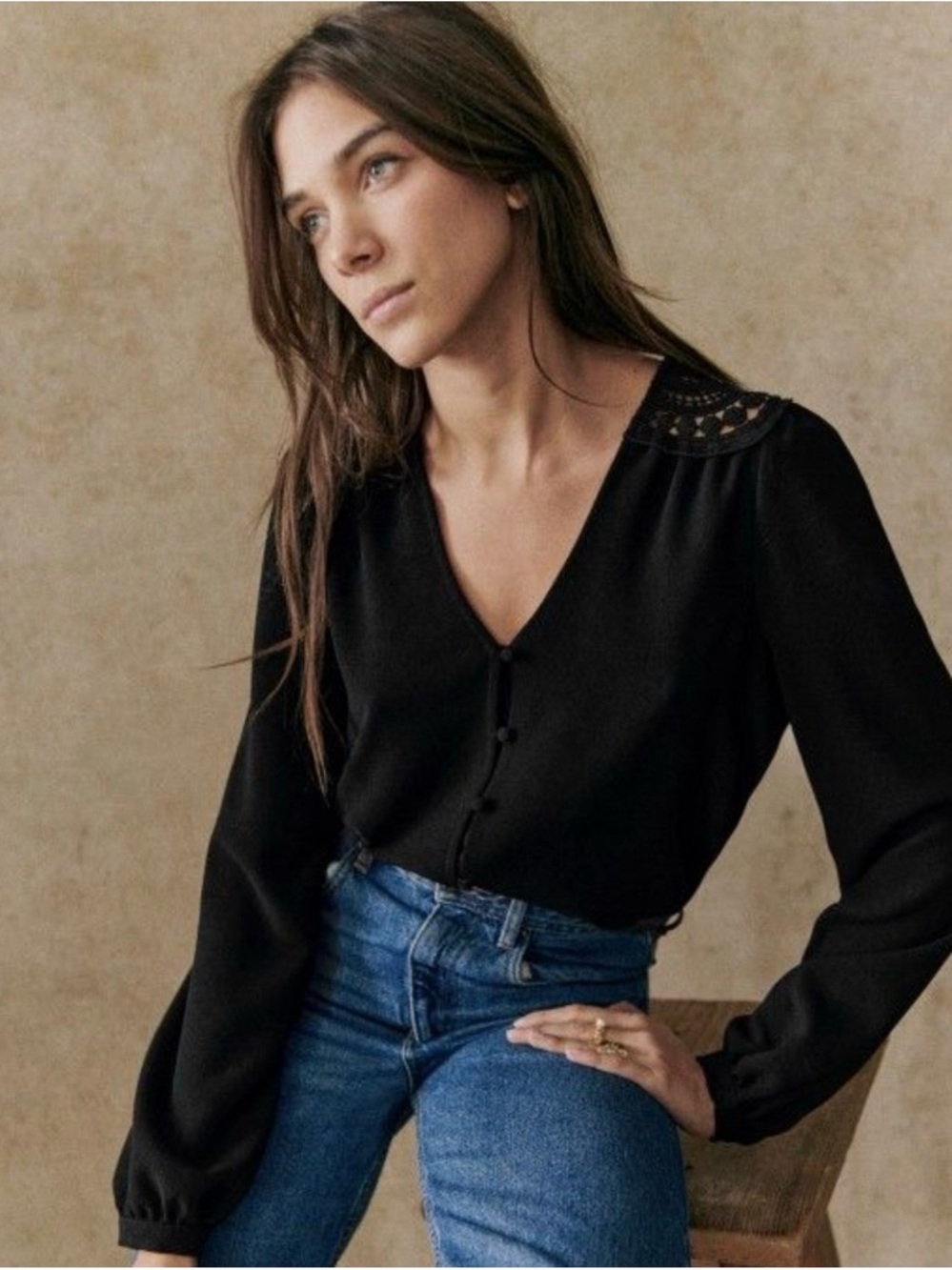Sezane NWT Amalia Long Sleeve Blouse Black Size 12